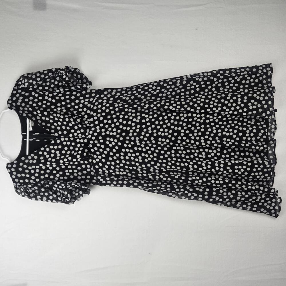 Calvin Klein Black & White Polka Dot Dress V Neck Puff Sleeve Stylish Size 8